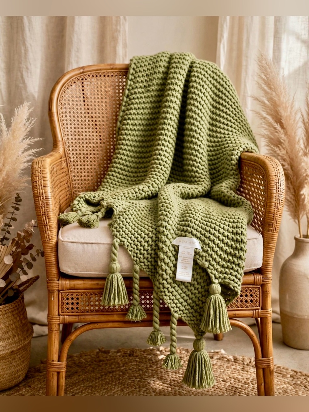 West Elm Olive Green Chunky Knit Throw Blanket with Tassels 42x54